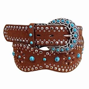 Roper New Turquoise Wave Leather Belt Size Medium Brown NWOT
